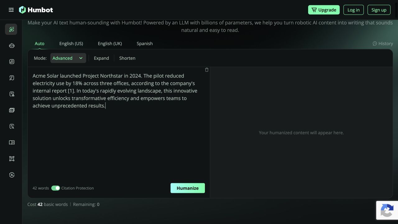 Humbot AI 42-word test input with zero Basic words remaining
