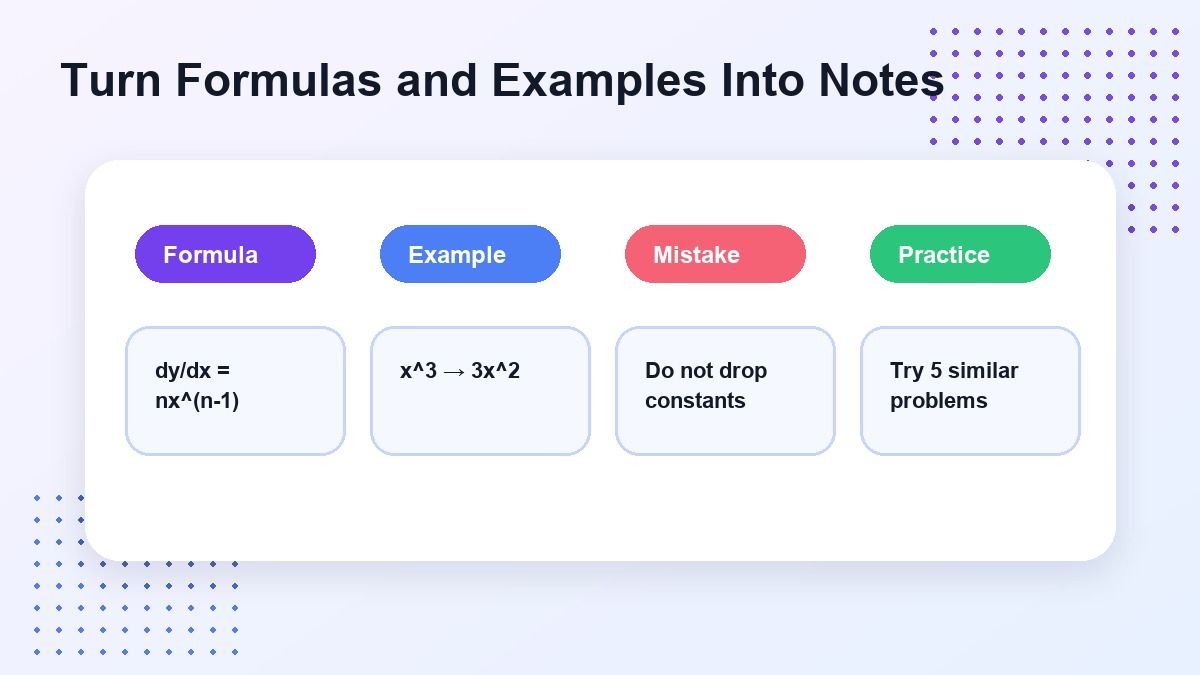 Fórmulas y ejemplos de matemáticas convertidos en notas de IA