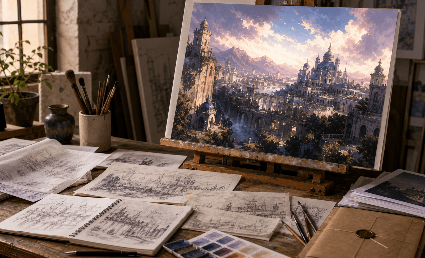 Commissioned artwork compared with sketches and process materials