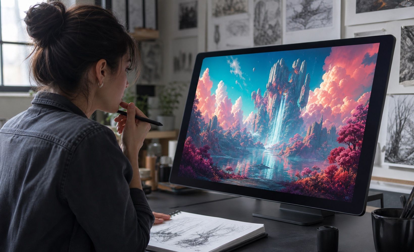 Designer reviewing AI-generated artwork