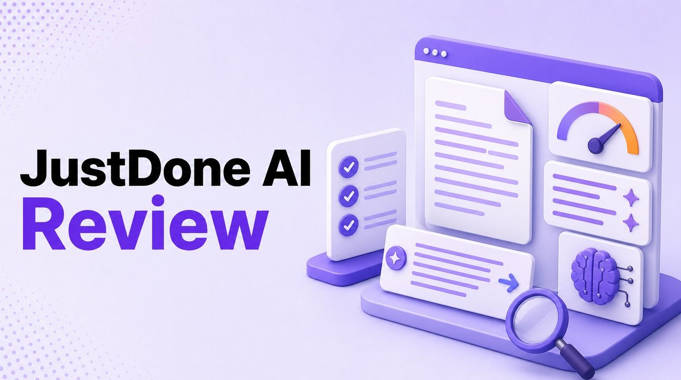 JustDone AI Review cover showing AI writing, detector, humanizer, and review dashboard elements