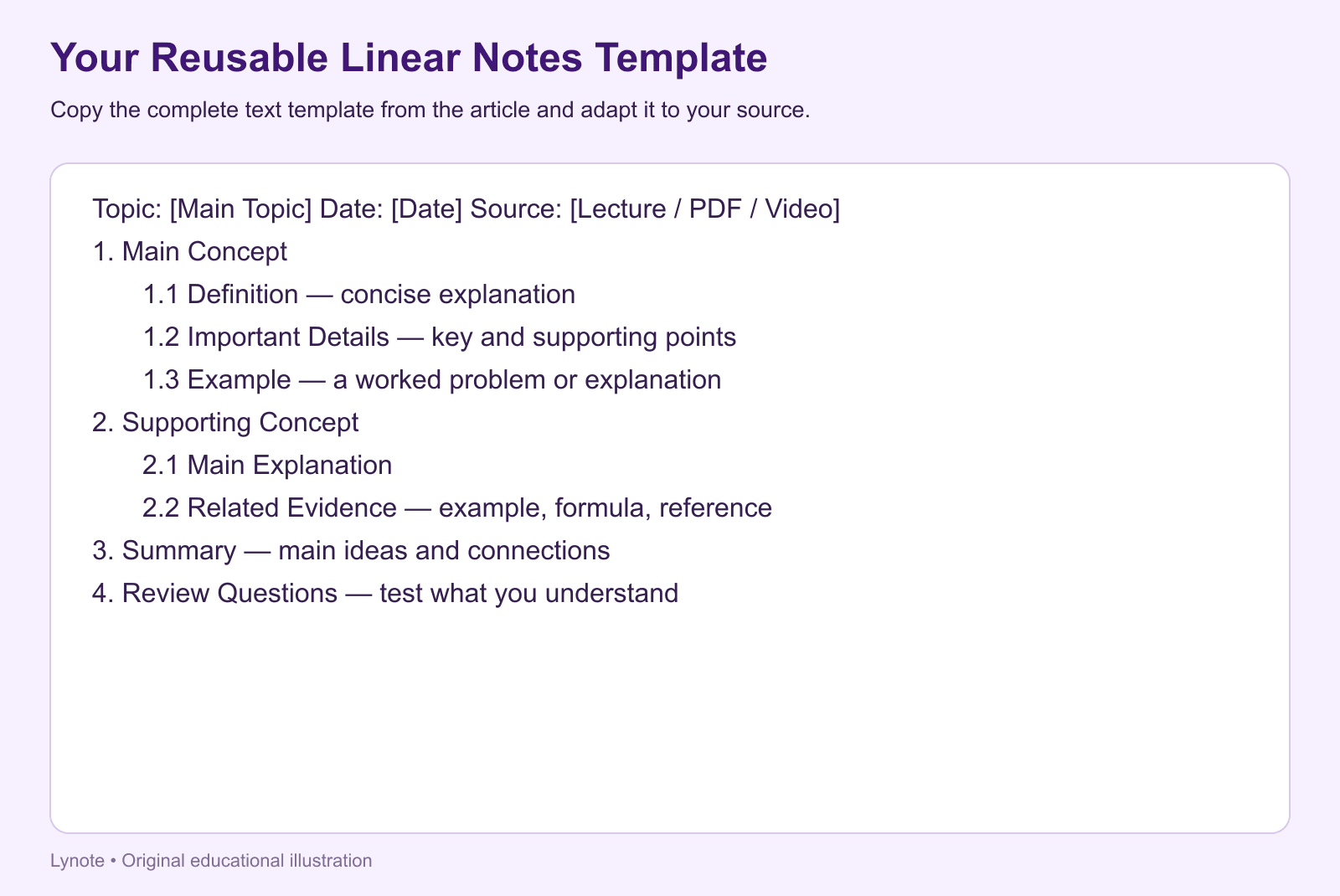 linear notes template - structured learning outline