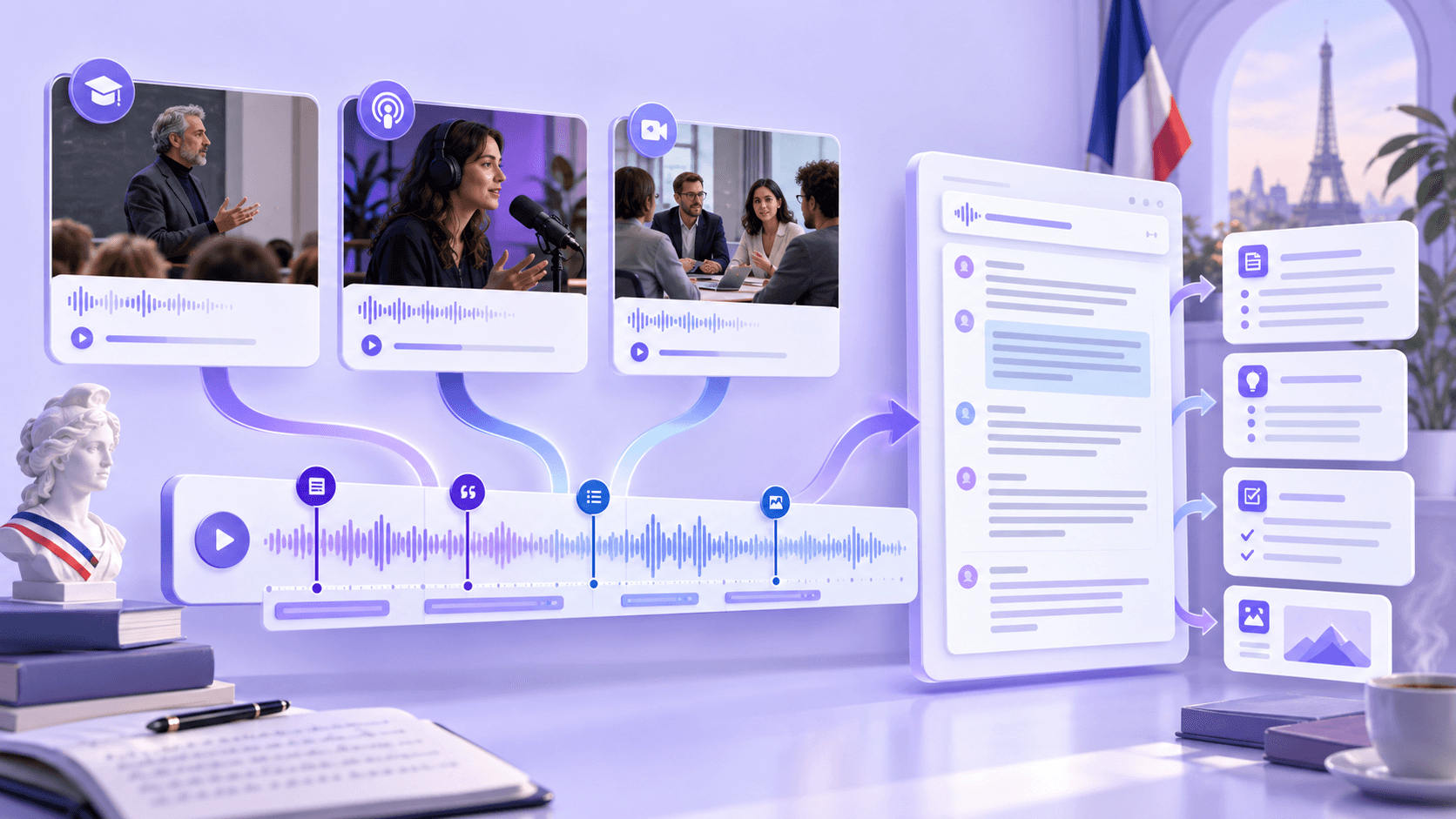 Illustration des Workflows zur Transkription langer französischer Audios in Text