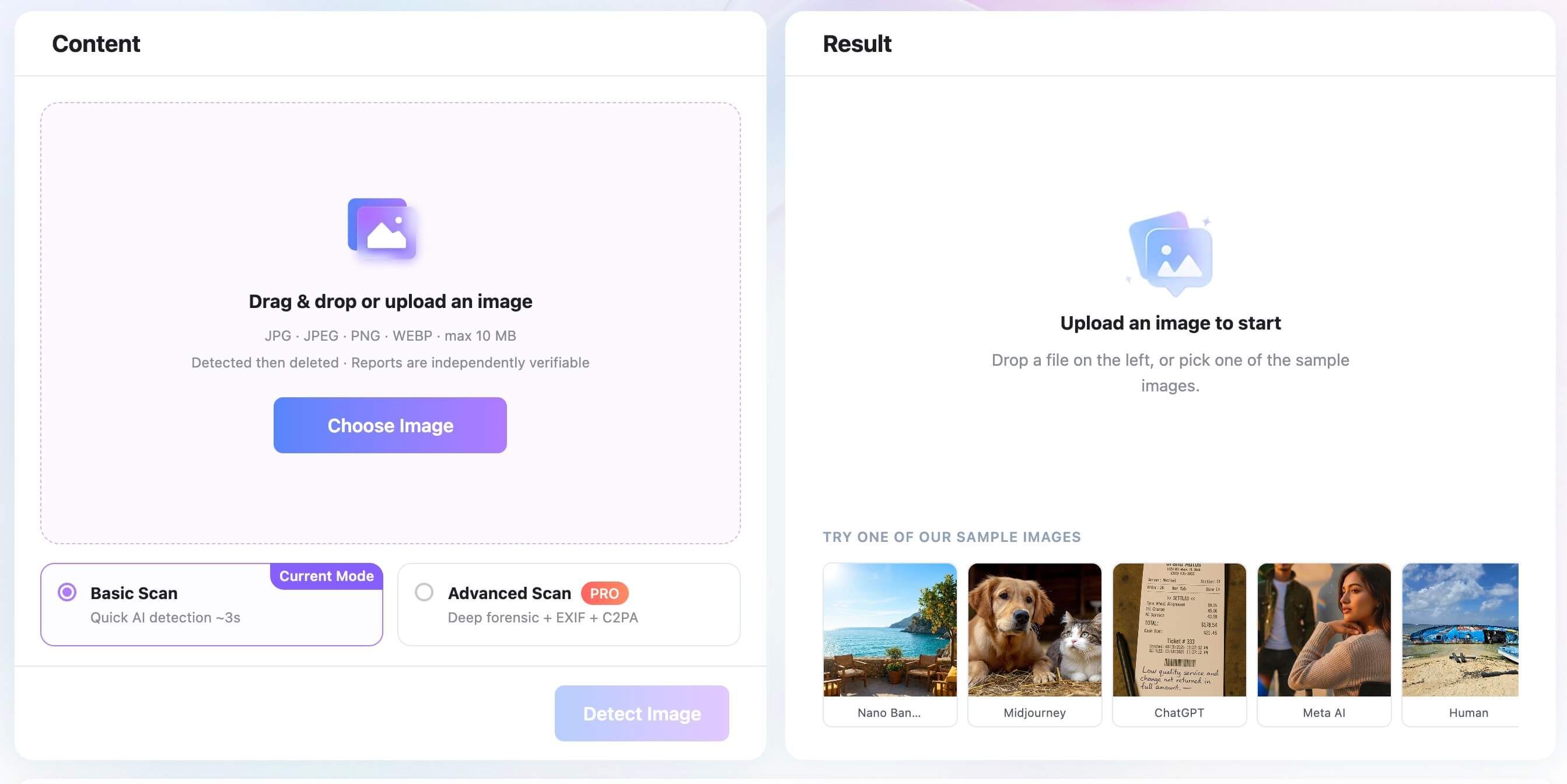 Interfaz de carga y escaneo de Lynote AI Image Detector