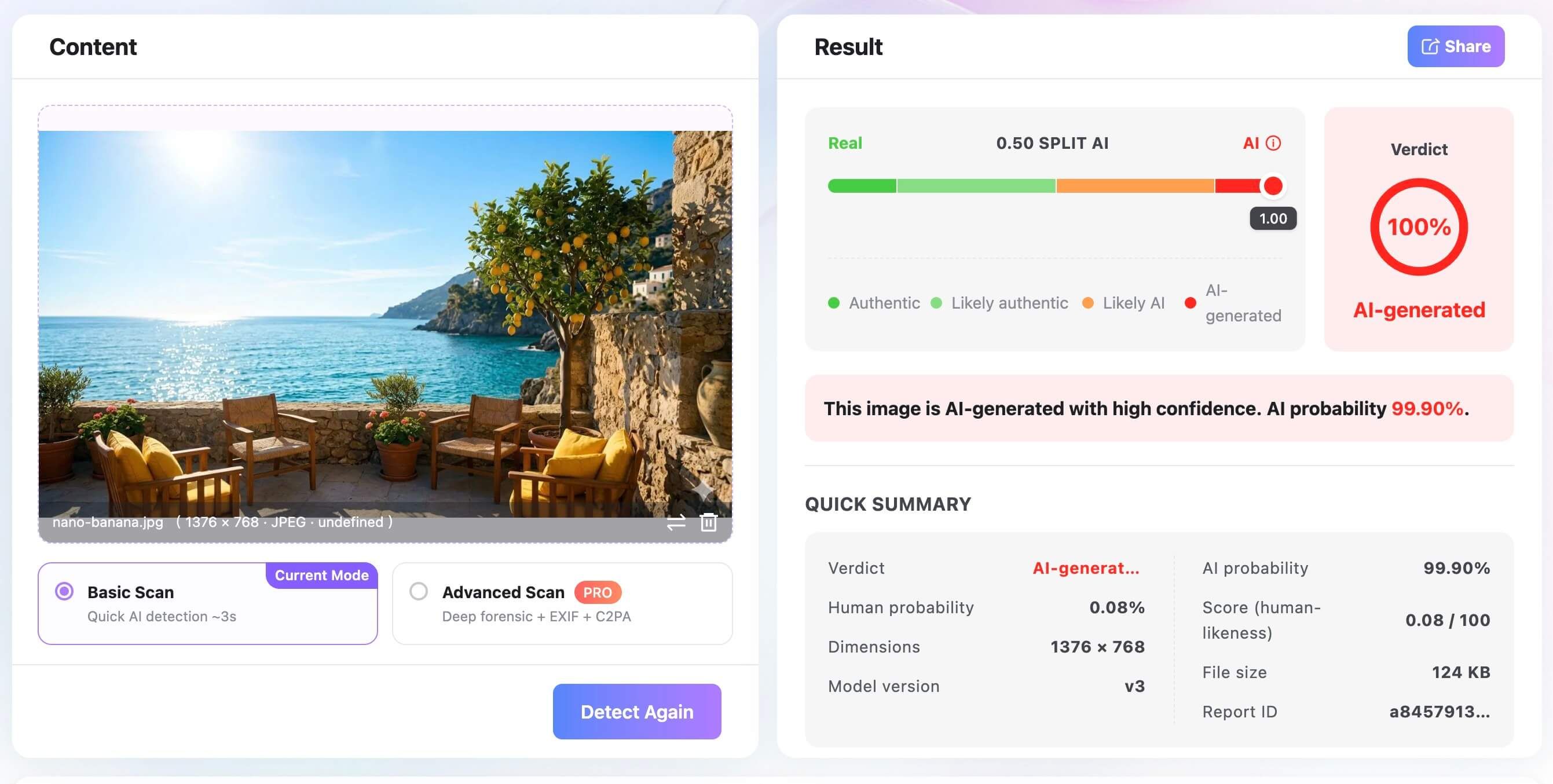 Página de resultados de Lynote AI Image Detector con probabilidad de IA y veredicto