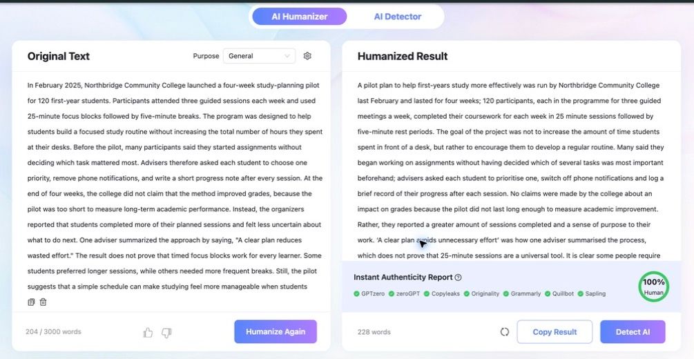 Результат теста Lynote AI Humanizer с одним и тем же текстом