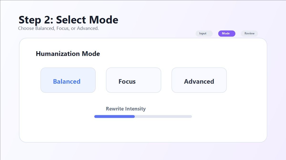Select mode in Lynote AI Humanizer step