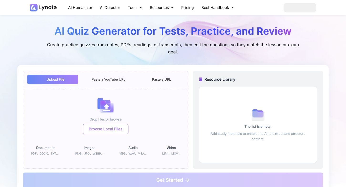 Lynote AI Quiz Generator upload interface