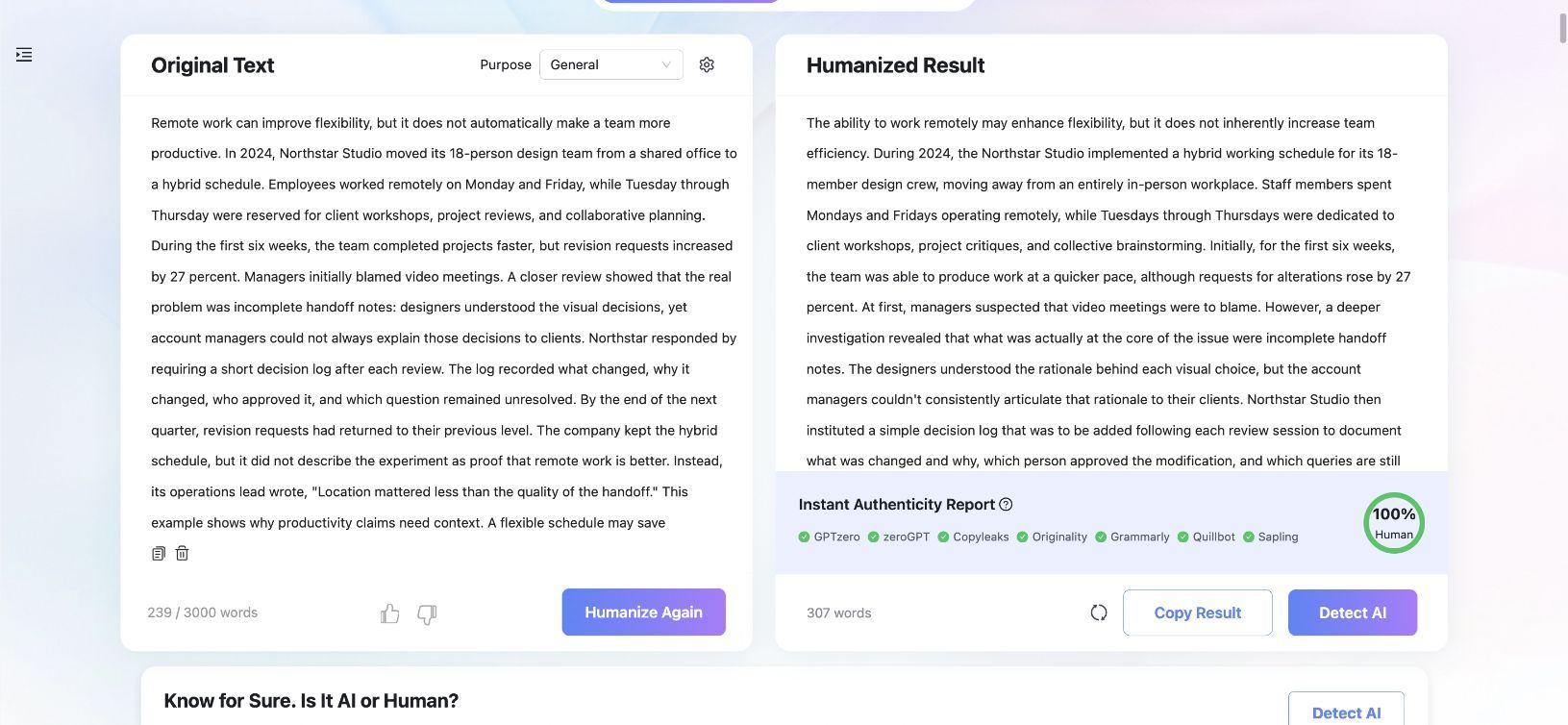 Результат теста Lynote AI Humanizer с тем же текстом