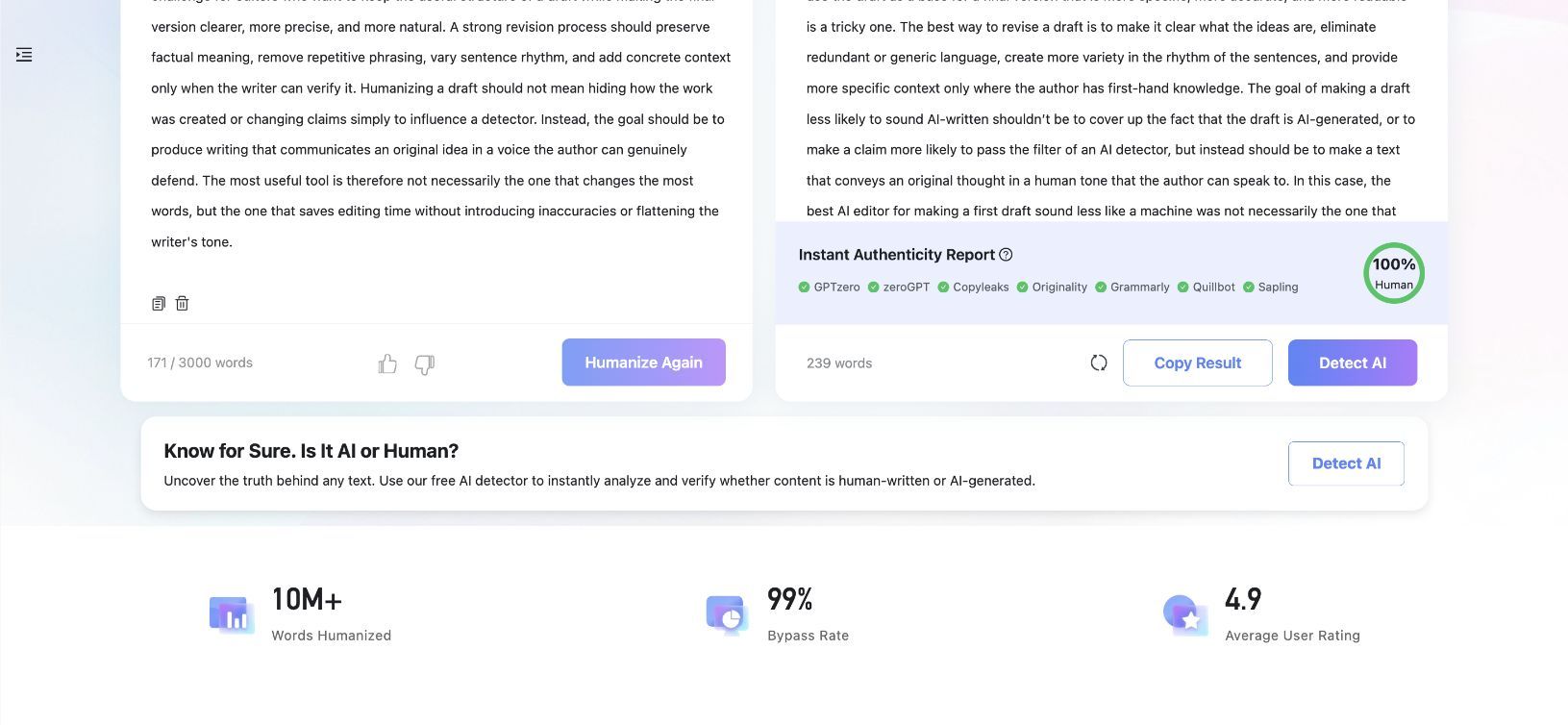 Результат Lynote AI Humanizer с количеством слов и мгновенным отчетом о подлинности