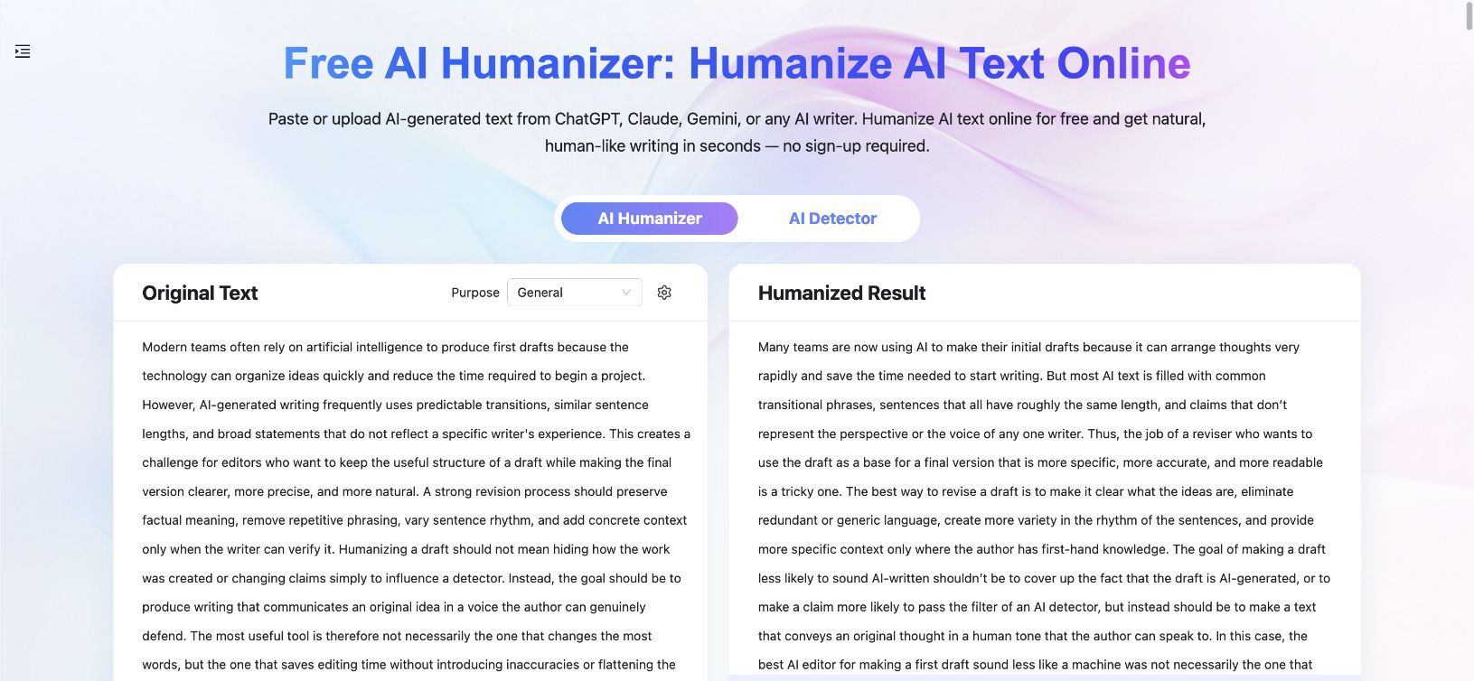 Lynote AI Humanizer показывает тот же тестовый ввод и переписанный вывод