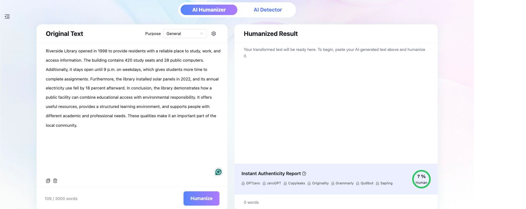 Общий тестовый отрывок, введенный в Lynote AI Humanizer