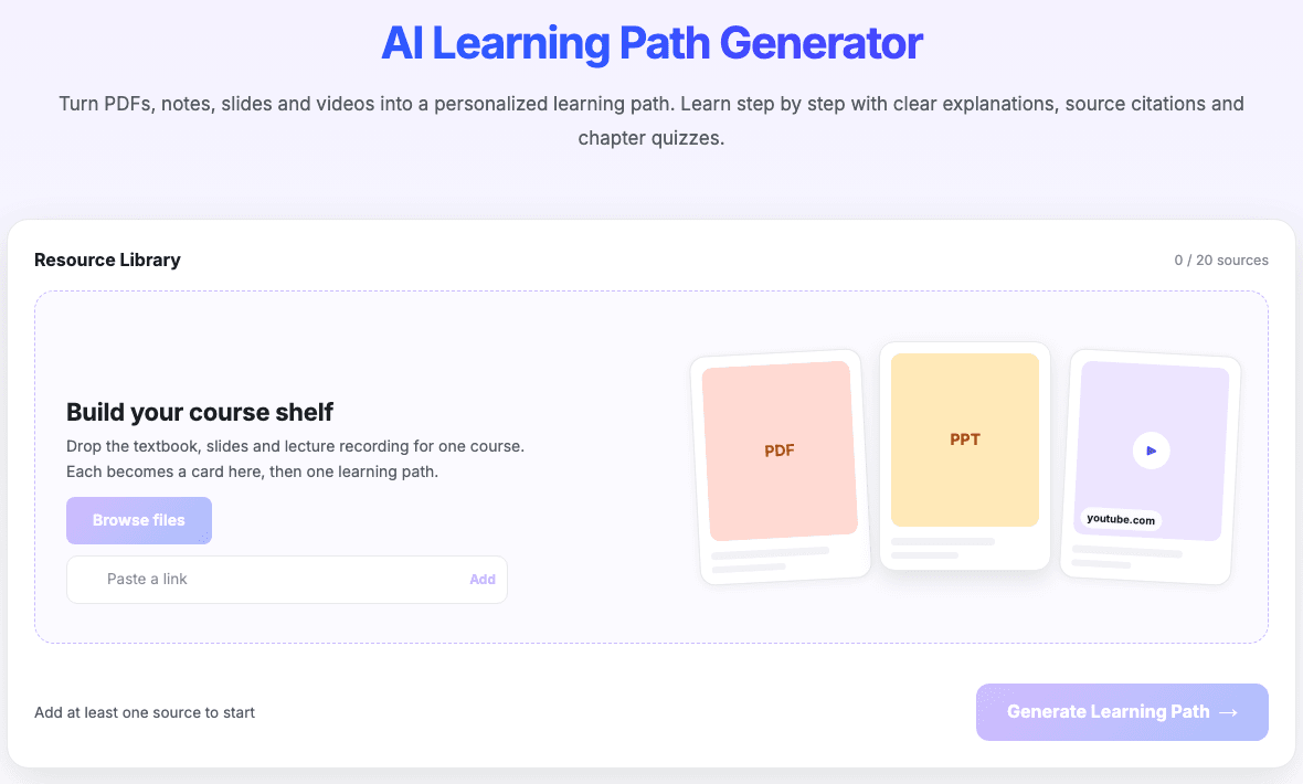 Lynote Learning Path resource library with file upload, link input, and Generate Learning Path button
