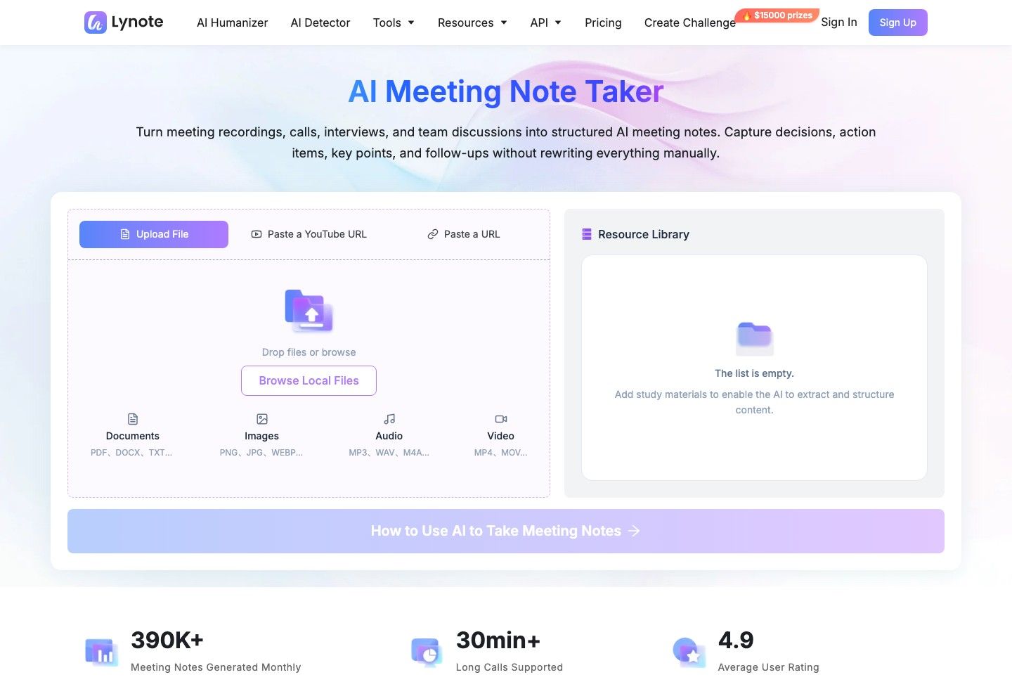 Lynote AI Meeting Note Taker upload interface and Resource Library