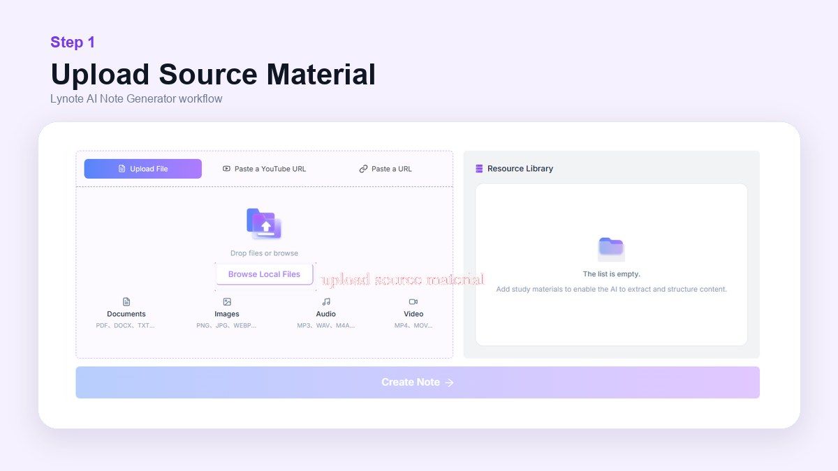 Lynote note taker step 1 upload source material