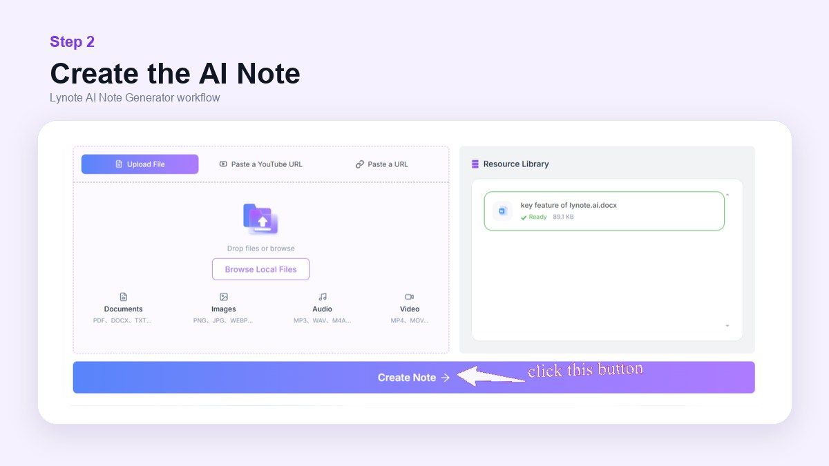 Lynote note taker step 2 create AI notes