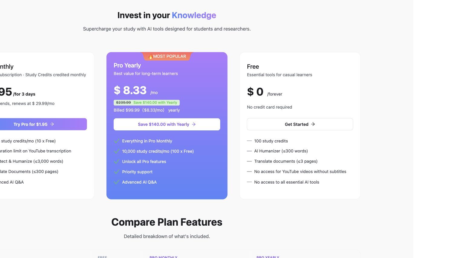 Планы ценообразования Lynote Free, Pro Monthly и Pro Yearly