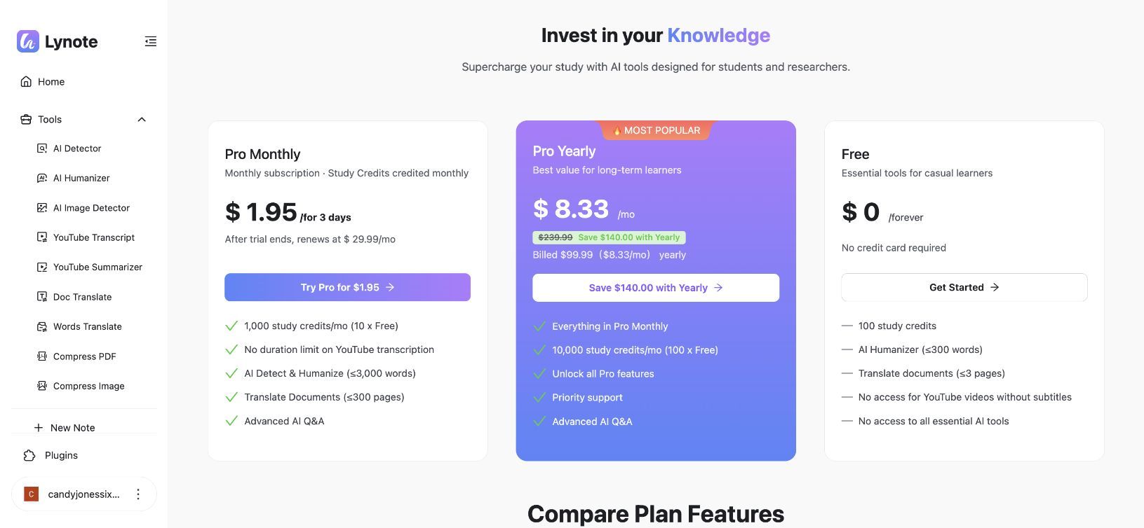 Тарифные планы Lynote Free Pro Monthly и Pro Yearly
