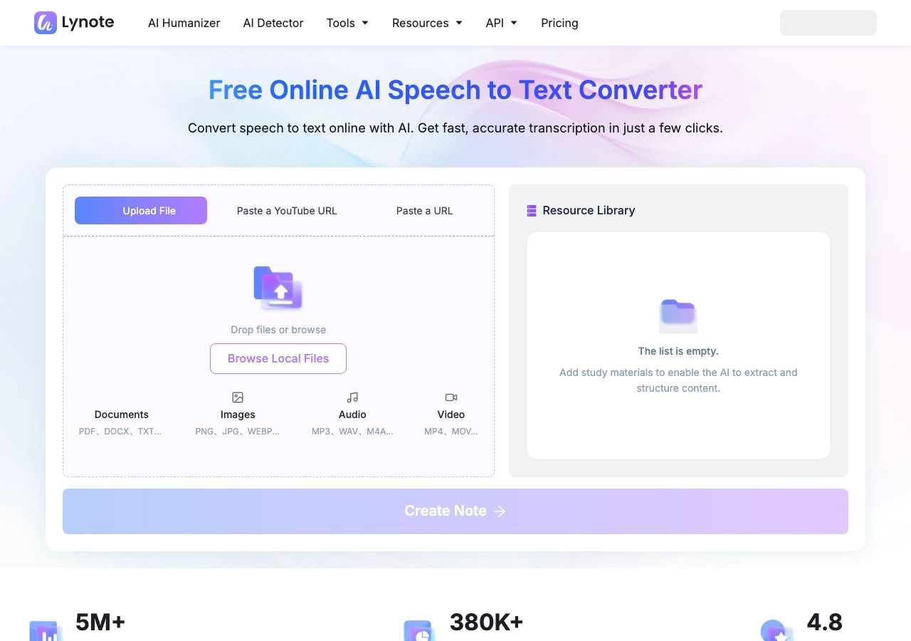 Lynote Speech to Text upload interface
