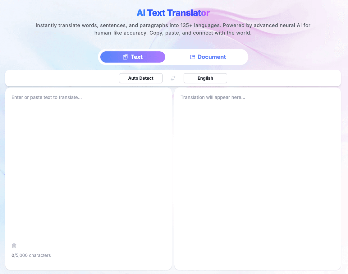 Lynote Text Translator input workspace with source language detection and English target selection