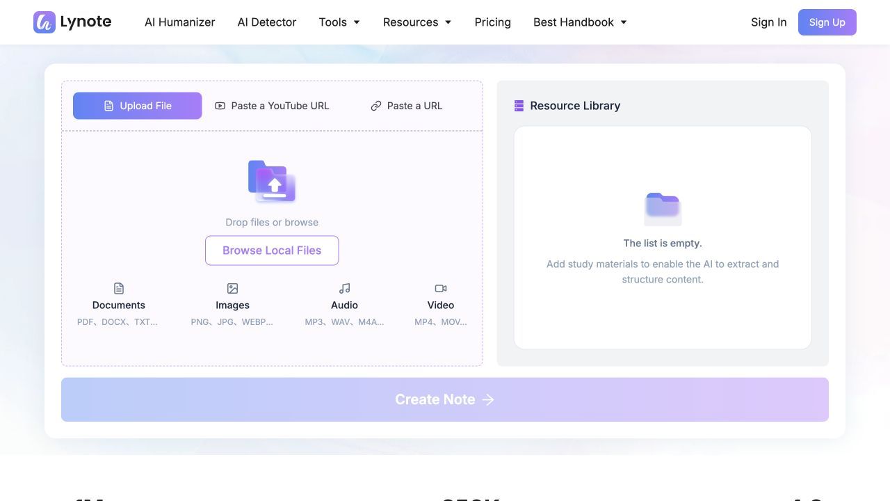 Lynote AI 教科书摘要工具的上传界面,用于导入教科书文件或链接