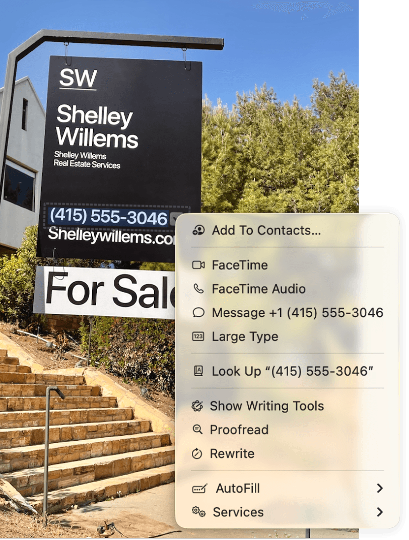 Mac Live Text erkennt eine Telefonnummer in einem Foto