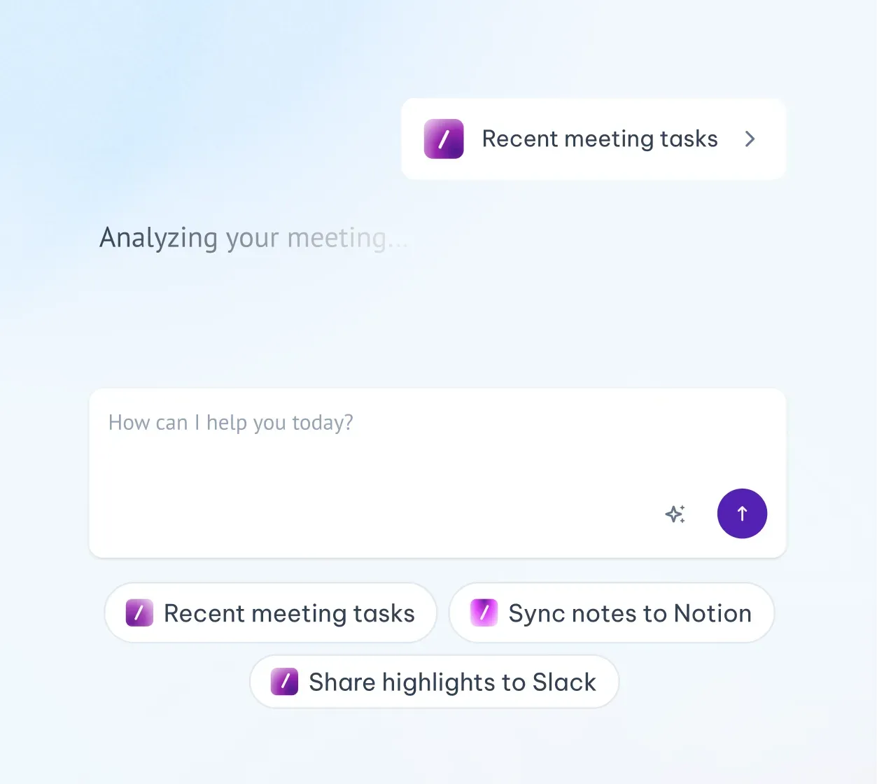 Son toplantı görevleri, Notion senkronizasyonu ve Slack vurguları için MeetGeek Yapay Zeka Sohbet arayüzü