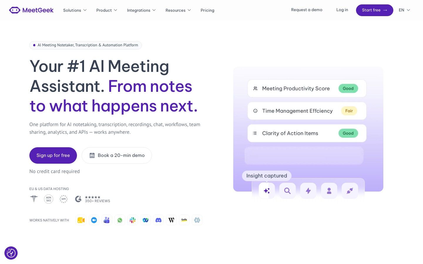 MeetGeek official homepage showing its AI meeting assistant and insights demonstration