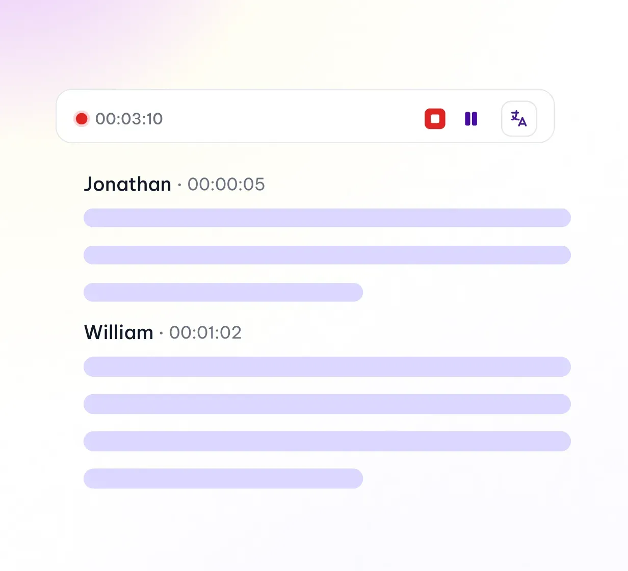Konuşmacı farkındalıklı transkripsiyon kontrolleriyle MeetGeek kayıt arayüzü