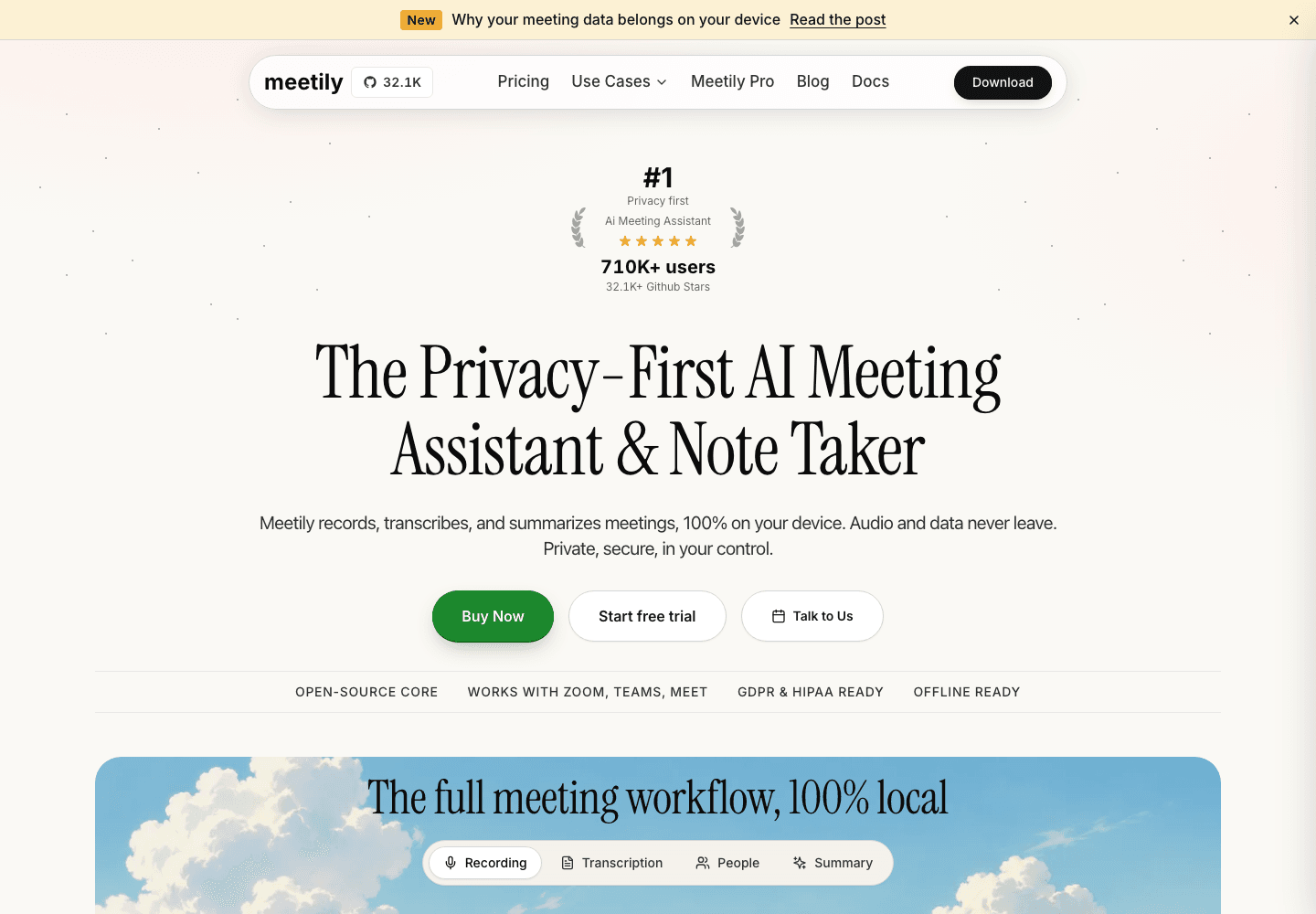 Meetily official product website and local meeting workflow overview