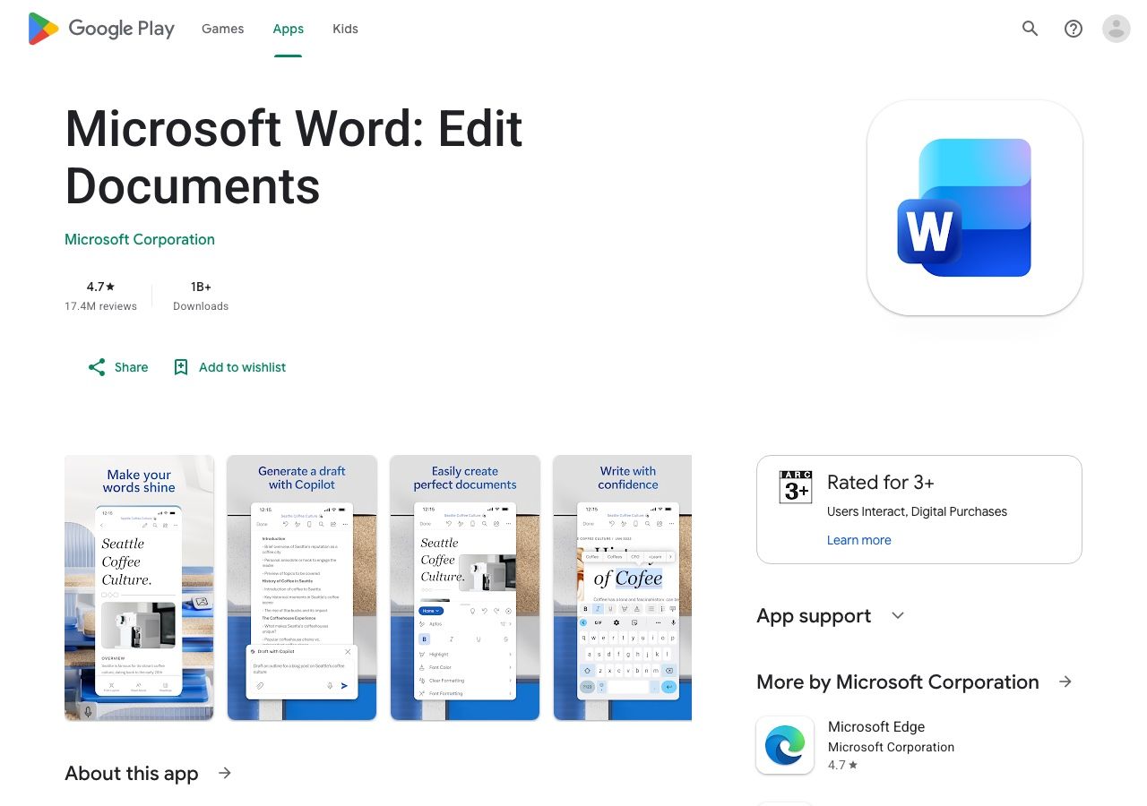 Microsoft Word Google Play listing and Android app screenshots