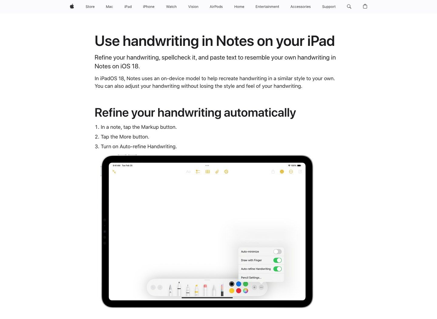 Apple official guide showing the handwriting tools and Auto-refine Handwriting setting in Notes
