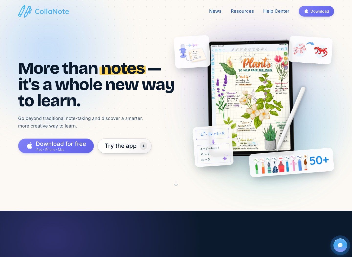 CollaNote official website showing its handwritten illustrated notebook interface on iPad