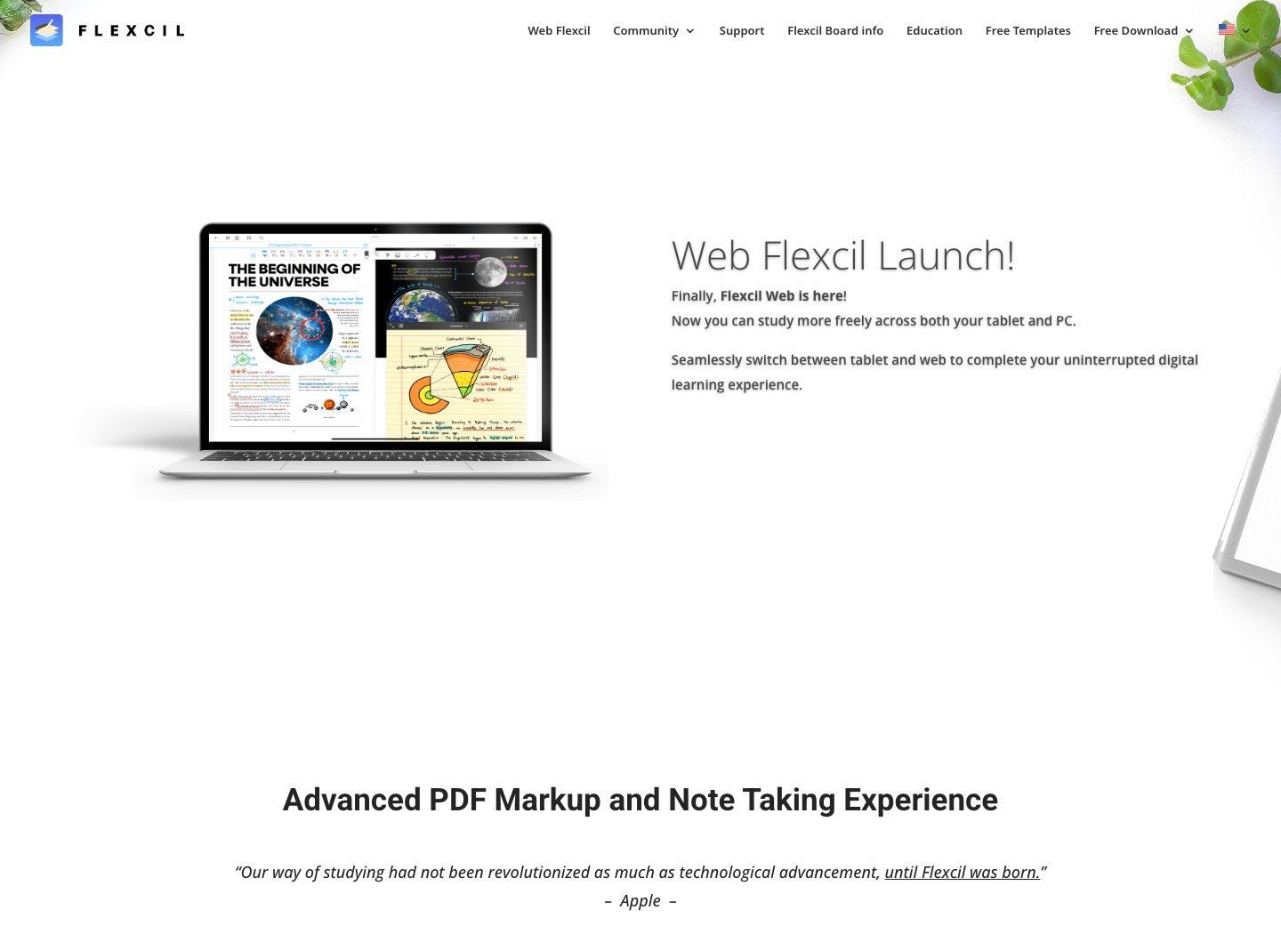 Flexcil official website showing PDF reading and handwritten study notes together