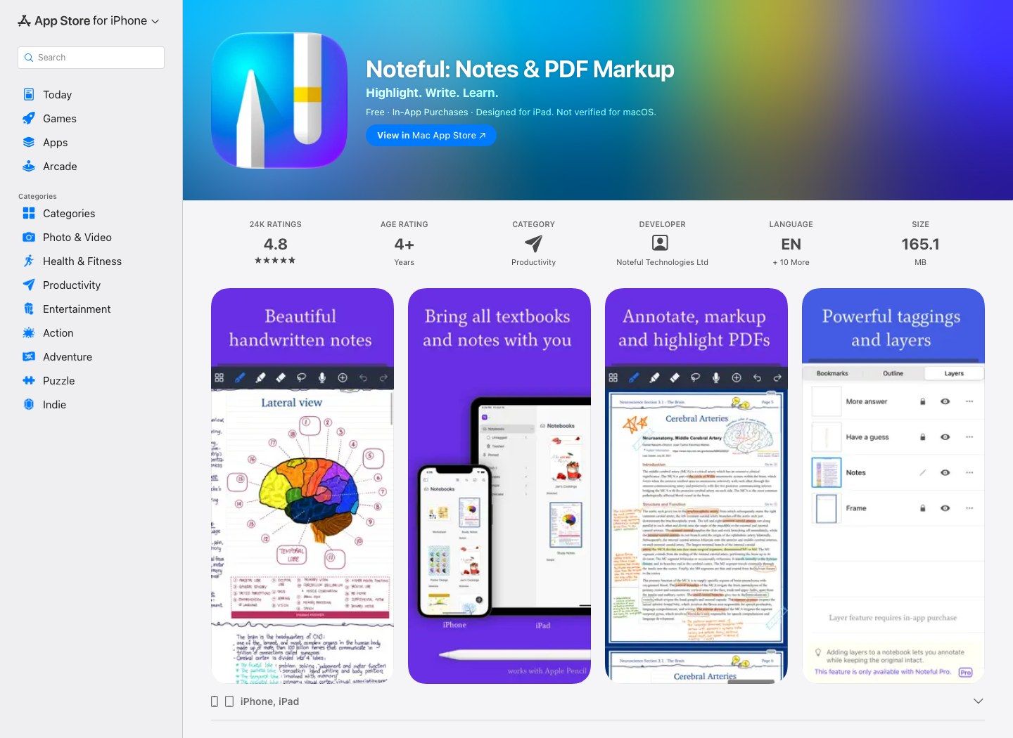 Noteful official App Store screenshots showing handwriting, PDF annotation, notebooks, and layers