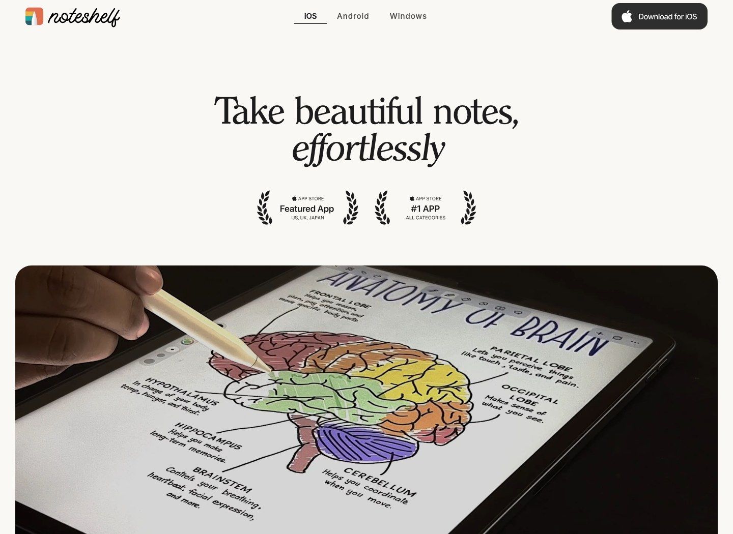 Noteshelf official website showing handwritten anatomy notes on a tablet