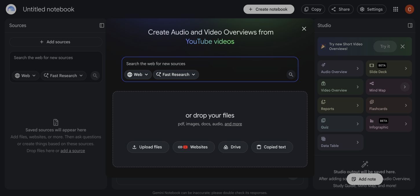NotebookLM Add Sources dialog with web, file, Drive, and copied text options