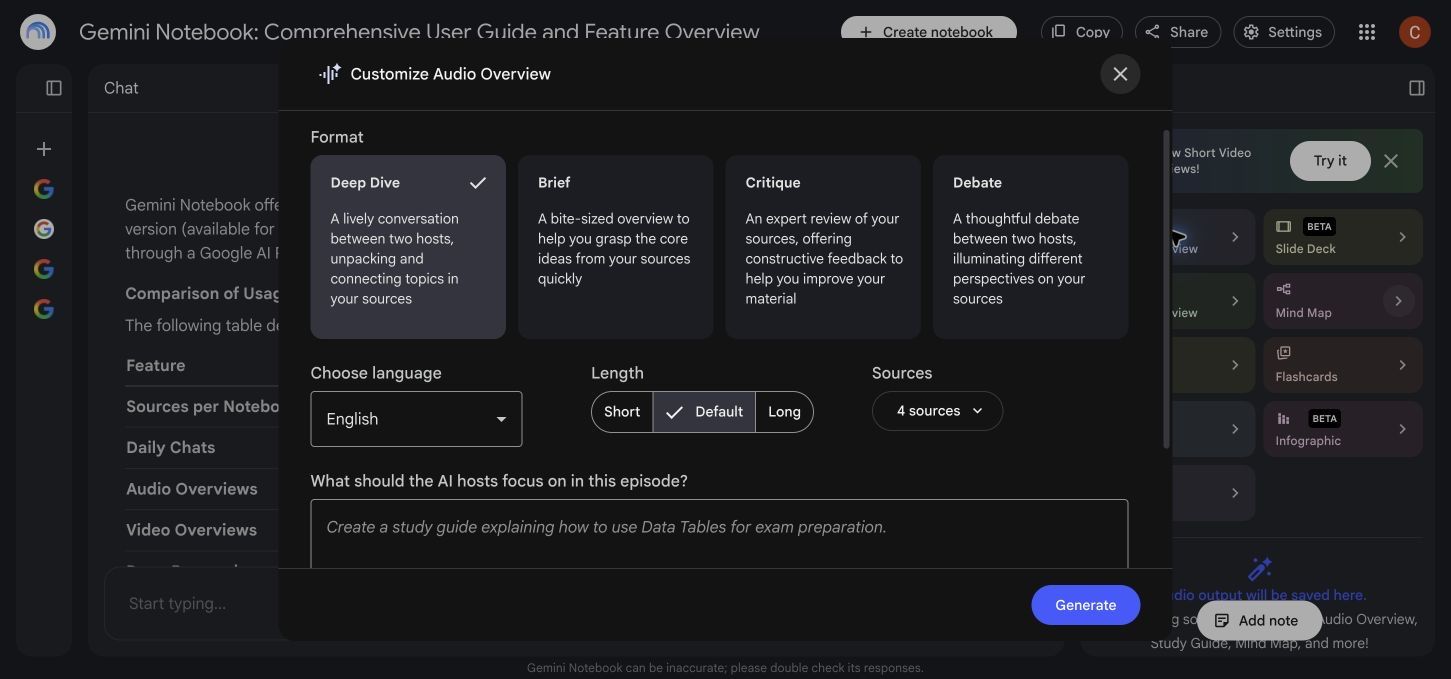 NotebookLM Audio Overview customization options
