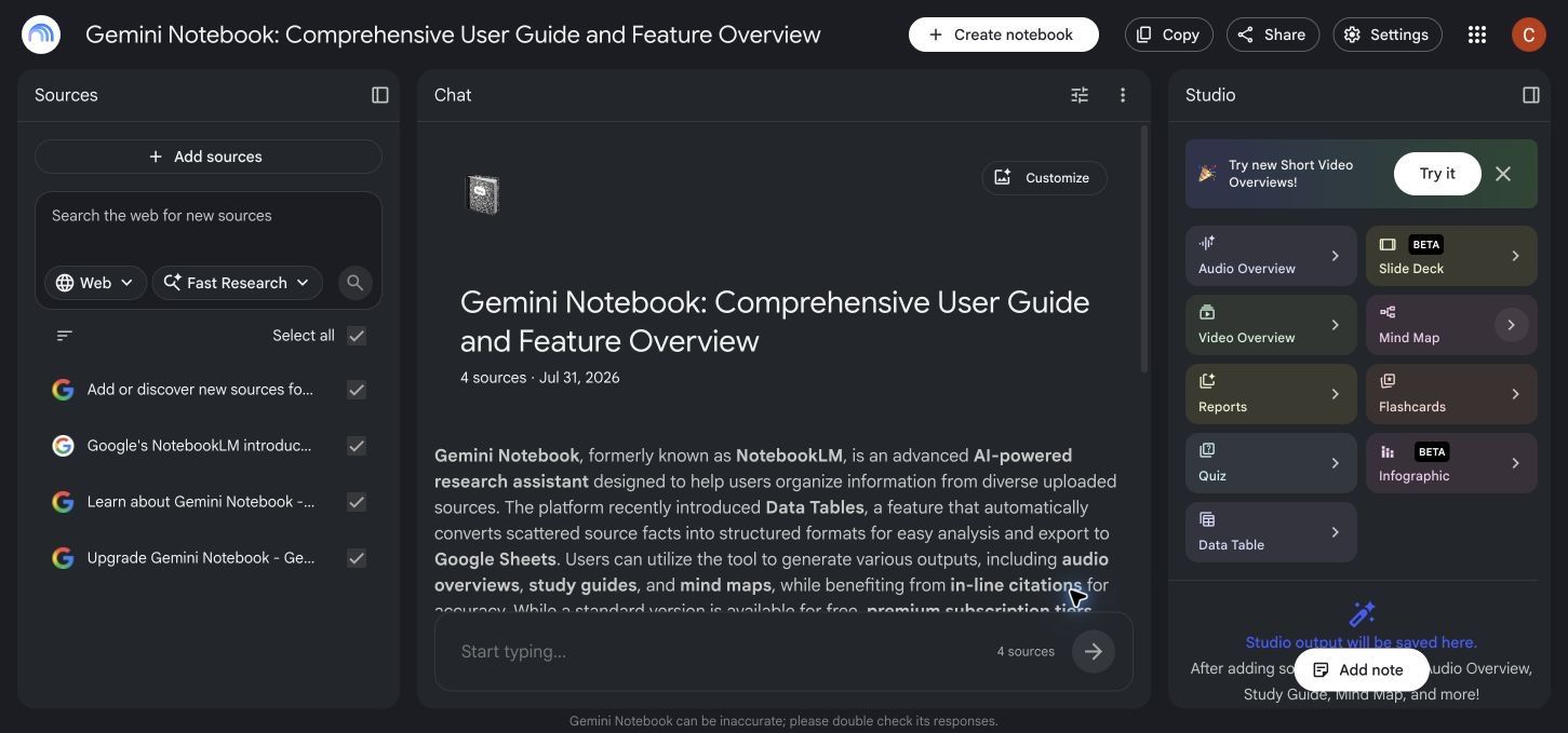 NotebookLM workspace showing Sources, Chat, and Studio panels