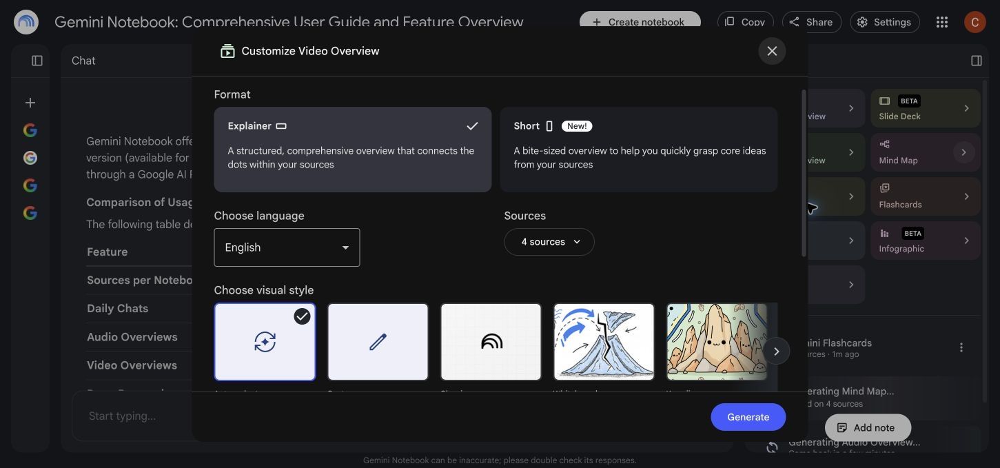 NotebookLM Video Overview format and visual style controls