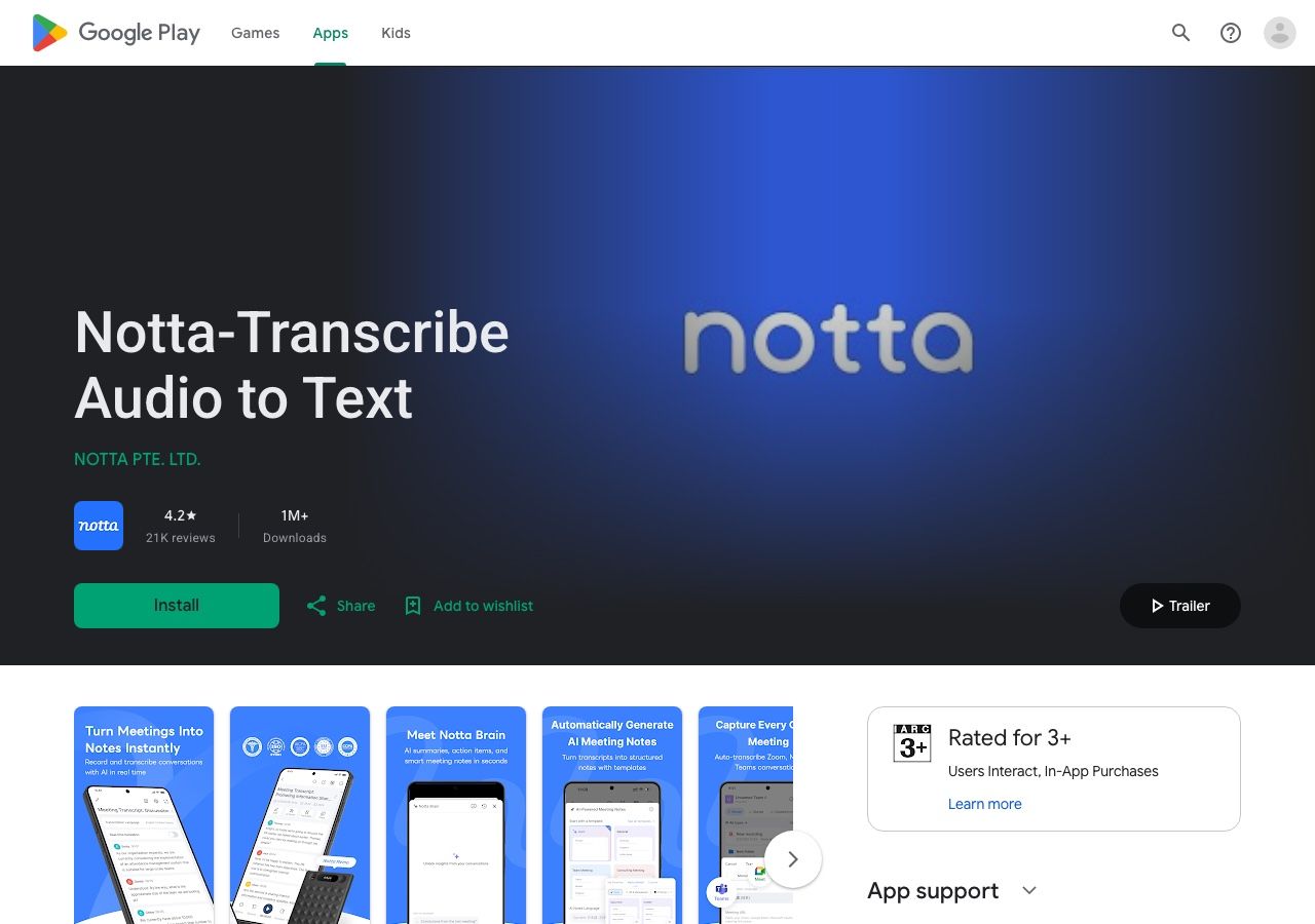 Notta Google Play listing and mobile app screenshots