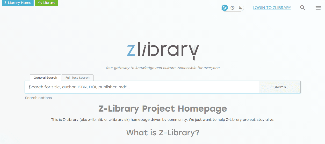 Z-Library 프로젝트 홈페이지 스크린샷