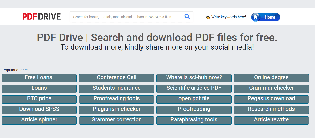PDF Drive 검색 홈페이지 스크린샷