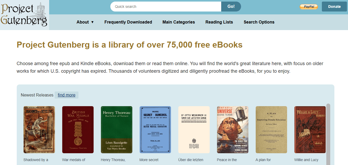 Project Gutenberg 홈페이지 스크린샷