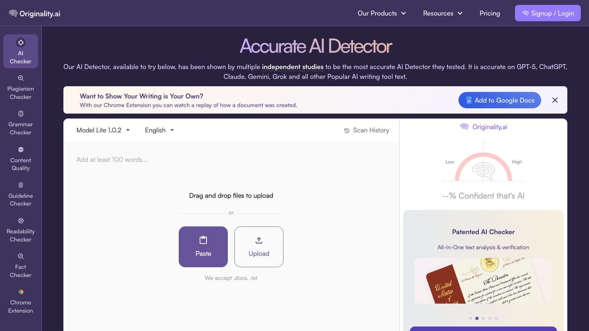 Originality.ai AI detector product page with paste and upload options