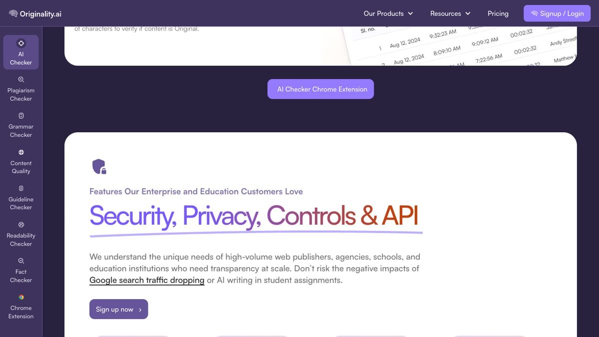 Originality.ai product page showing Security, Privacy, Controls, and API section