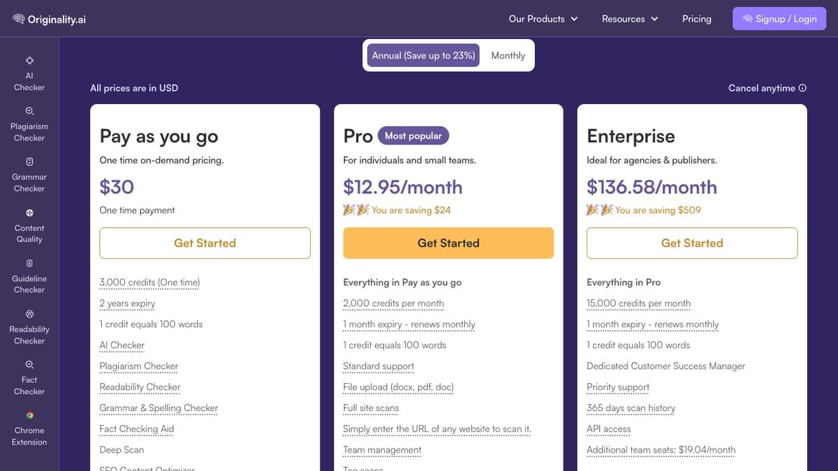 Originality.ai pricing page showing Pay as you go, Pro, and Enterprise plans