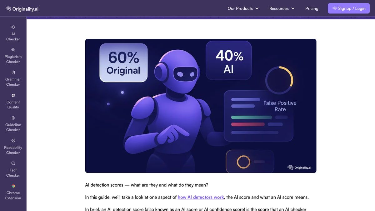 Originality.ai page explaining AI score meaning with Original and AI percentages