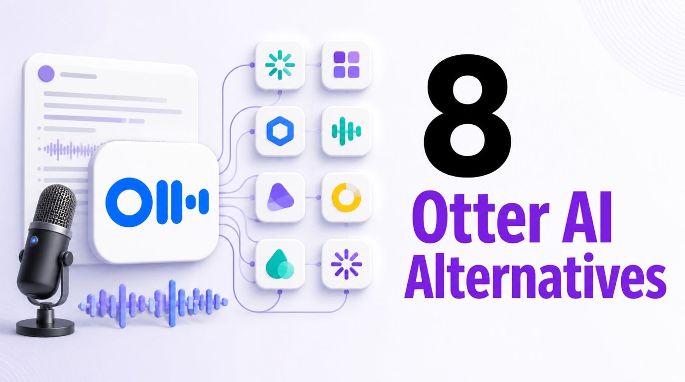 Otter AI官方标志,旁边是会议麦克风、转录文本和替代AI笔记工具