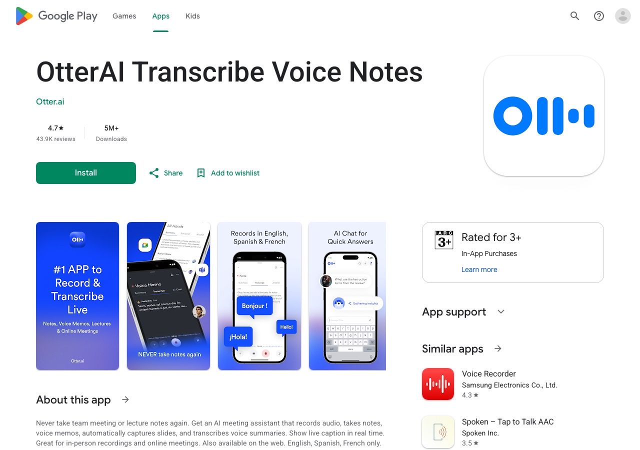 Otter AI Google Play listing and mobile app screenshots